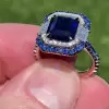 6ct Double Halo Emerald Cut Blue Sapphire Engagement Ring