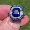 6ct Double Halo Emerald Cut Blue Sapphire Engagement Ring