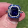 6ct Double Halo Emerald Cut Blue Sapphire Engagement Ring