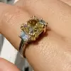 4ct Cushion Cut Yellow Sapphire Three Stone Engagement Ring