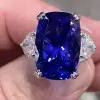 12ct Cushion Cut Blue Sapphire Three Stone Engagement Ring