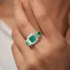 3ct Halo Princess Cut Emerald Three Stone Engagement Ring