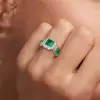 3ct Halo Princess Cut Emerald Three Stone Engagement Ring