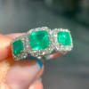 3ct Halo Princess Cut Emerald Three Stone Engagement Ring