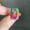 6.2ct Emerald Cut Bicolor Tourmaline Engagement Ring