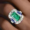 5.3ct Emerald Cut Emerald Halo Vintage Engagement Ring