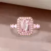 6ct Emerald Cut Peach Pink Sapphire Halo Engagement Ring