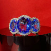 8ctw Oval Cut Blue Sapphire Halo Three Stone Engagemnet Ring