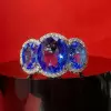 8ctw Oval Cut Blue Sapphire Halo Three Stone Engagemnet Ring