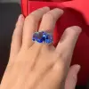 8ctw Oval Cut Blue Sapphire Halo Three Stone Engagemnet Ring