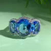 8ctw Oval Cut Blue Sapphire Halo Three Stone Engagemnet Ring