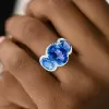 8ctw Oval Cut Blue Sapphire Halo Three Stone Engagemnet Ring