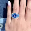 8ctw Oval Cut Blue Sapphire Halo Three Stone Engagemnet Ring