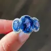 8ctw Oval Cut Blue Sapphire Halo Three Stone Engagemnet Ring
