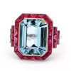 14ct Emerald Cut Aquamarine Ruby Halo Cocktail Ring