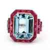 14ct Emerald Cut Aquamarine Ruby Halo Cocktail Ring