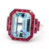 14ct Emerald Cut Aquamarine Ruby Halo Cocktail Ring