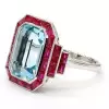 14ct Emerald Cut Aquamarine Ruby Halo Cocktail Ring
