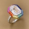 8.4ct Emerald Cut White Sapphire Rainbow Halo Cocktail Ring