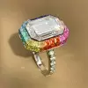 8.4ct Emerald Cut White Sapphire Rainbow Halo Cocktail Ring