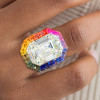 8.4ct Emerald Cut White Sapphire Rainbow Halo Cocktail Ring