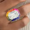8.4ct Emerald Cut White Sapphire Rainbow Halo Cocktail Ring