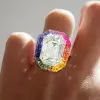 8.4ct Emerald Cut White Sapphire Rainbow Halo Cocktail Ring