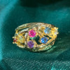 Round Cut Multicolor Sapphire Cluster Texture Floral Ring