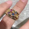 Round Cut Multicolor Sapphire Cluster Texture Floral Ring