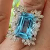 14ct Emerald Cut Aquamarine Cluster Halo Cocktail Ring