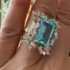 14ct Emerald Cut Aquamarine Cluster Halo Cocktail Ring