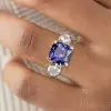 4ct Cushion Cut Blue Sapphire Two Tone Three Stone Ring