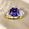 4ct Cushion Cut Blue Sapphire Two Tone Three Stone Ring