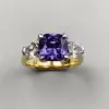 4ct Cushion Cut Blue Sapphire Two Tone Three Stone Ring