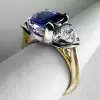 4ct Cushion Cut Blue Sapphire Two Tone Three Stone Ring
