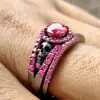 Round Cut Ruby Halo Skull Black Gold Wedding Ring Sets 2 Piece Set