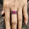 Round Cut Ruby Halo Skull Black Gold Wedding Ring Sets 2 Piece Set