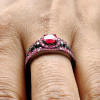 Round Cut Ruby Halo Skull Black Gold Wedding Ring Sets 2 Piece Set