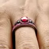 Round Cut Ruby Halo Skull Black Gold Wedding Ring Sets 2 Piece Set
