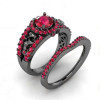 Round Cut Ruby Halo Skull Black Gold Wedding Ring Sets 2 Piece Set