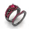Round Cut Ruby Halo Skull Black Gold Wedding Ring Sets 2 Piece Set