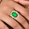 1ct Halo Emerald Cut Emerald Flower Engagement Ring