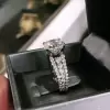 Round Brilliant Cut Three Row Pave Sterling Silver Engagement Ring