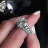 Round Brilliant Cut Three Row Pave Sterling Silver Engagement Ring