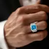 6.8ct Radiant Cut Blue Zircon Sandblasted Men's Ring
