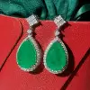 18ctw Pear Cut Emerald Halo Drop Earrings