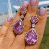 25ctw Pear Cut Pink Sapphire Halo Drop Earrings in Rose Gold