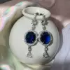 9ct Oval Cut Blue Sapphire Halo Drop Earrings