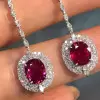 Vintage Halo Oval Cut Ruby Drop Earrings
