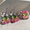 16ctw Halo Cushion Cut Bicolor Tourmaline Drop Earrings